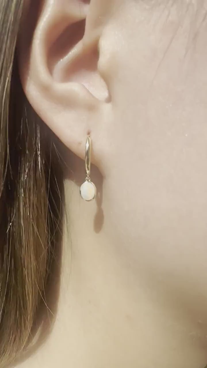 14K Solid Gold Genuine Bezel Australian Opal Dangle Hoops