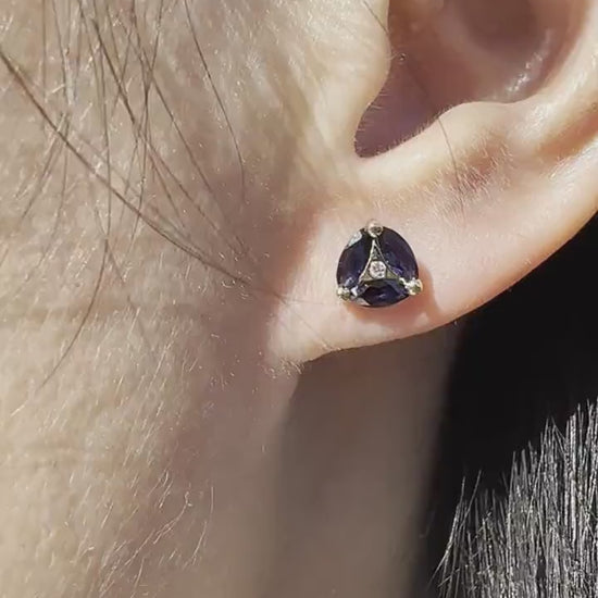 14K Solid Gold Genuine Marquise Sapphire and Diamond Triangle Studs/Pair