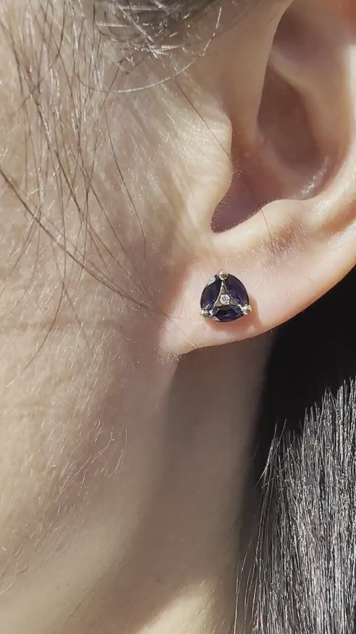 14K Solid Gold Genuine Marquise Sapphire and Diamond Triangle Studs/Pair