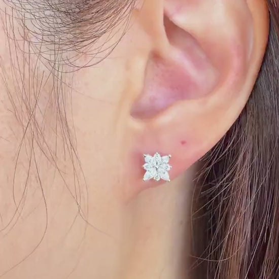 18K White Gold Natural Diamond Flower Stud Earrings | Marquise Cluster Diamond Studs | Floral Fine Jewelry Gift for Her