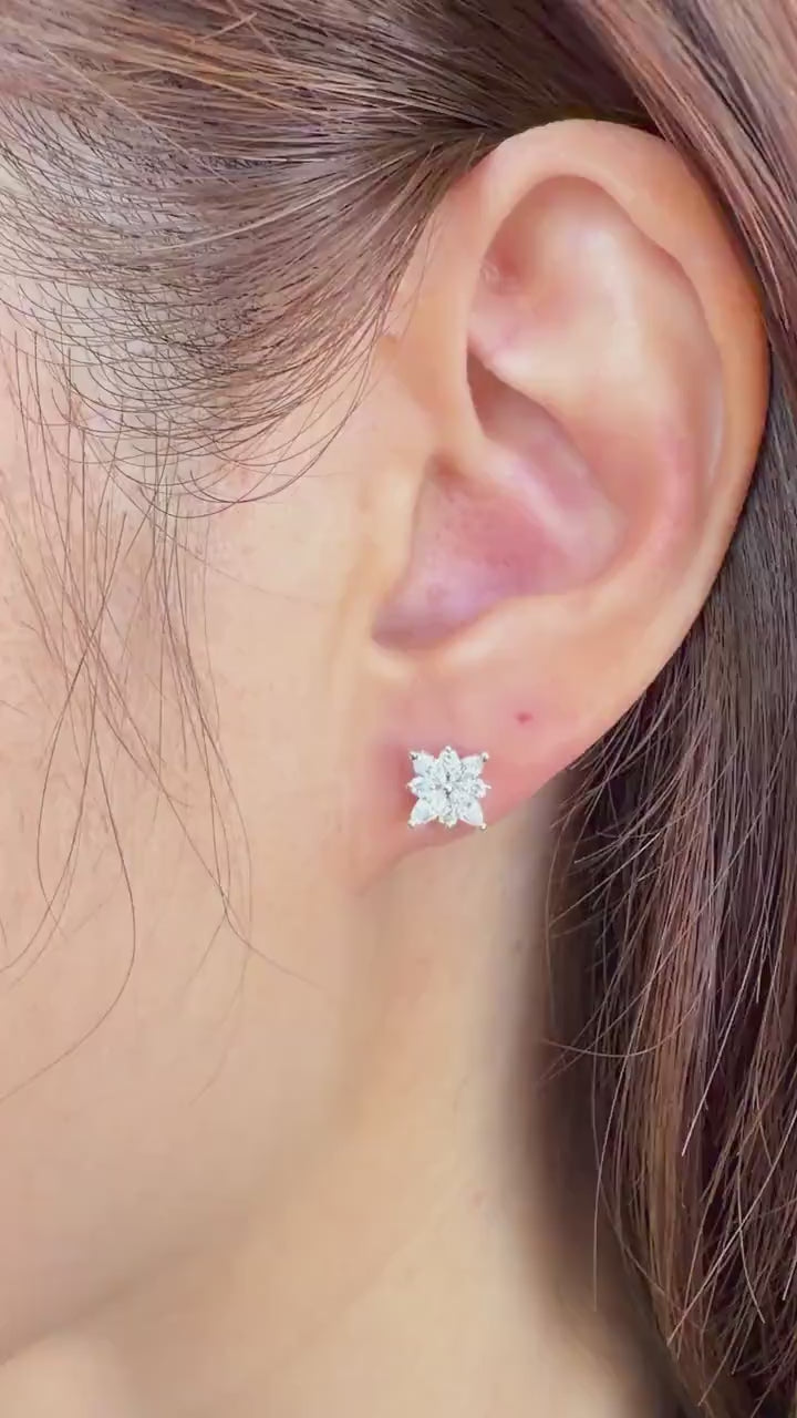 18K White Gold Natural Diamond Flower Stud Earrings | Marquise Cluster Diamond Studs | Floral Fine Jewelry Gift for Her