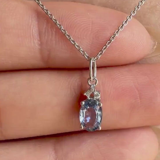 14K Solid White Gold Genuine Ceylon Sapphire Necklace  | Oval Sapphire Diamond Pendant | September Birthstone Jewelry