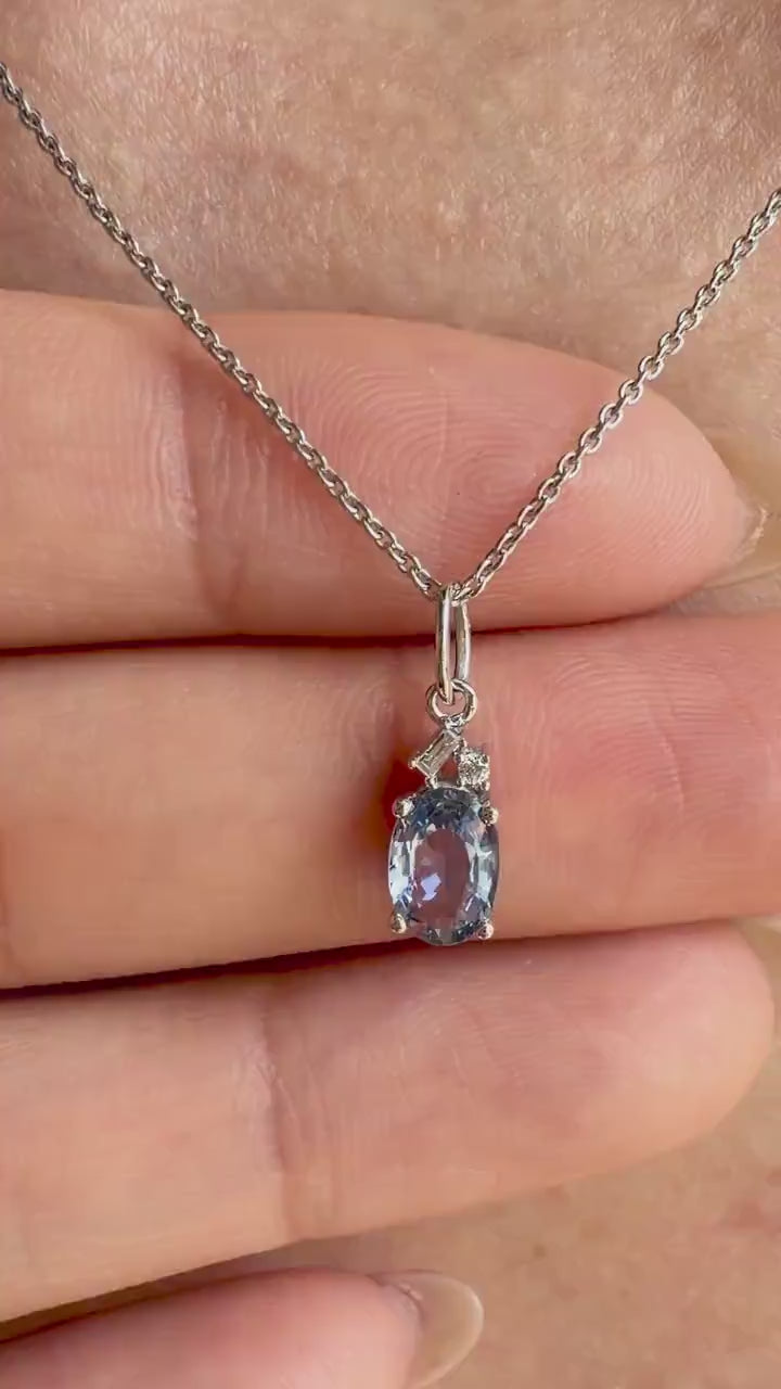 14K Solid White Gold Genuine Ceylon Sapphire Necklace  | Oval Sapphire Diamond Pendant | September Birthstone Jewelry