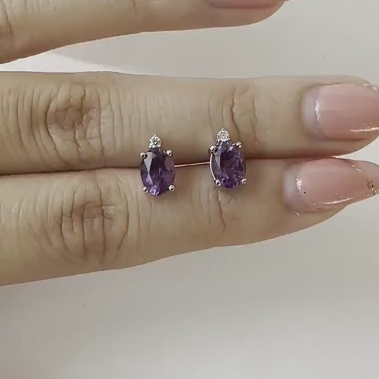 14K Solid Gold Genuine Amethyst and Diamond Studs/Pair