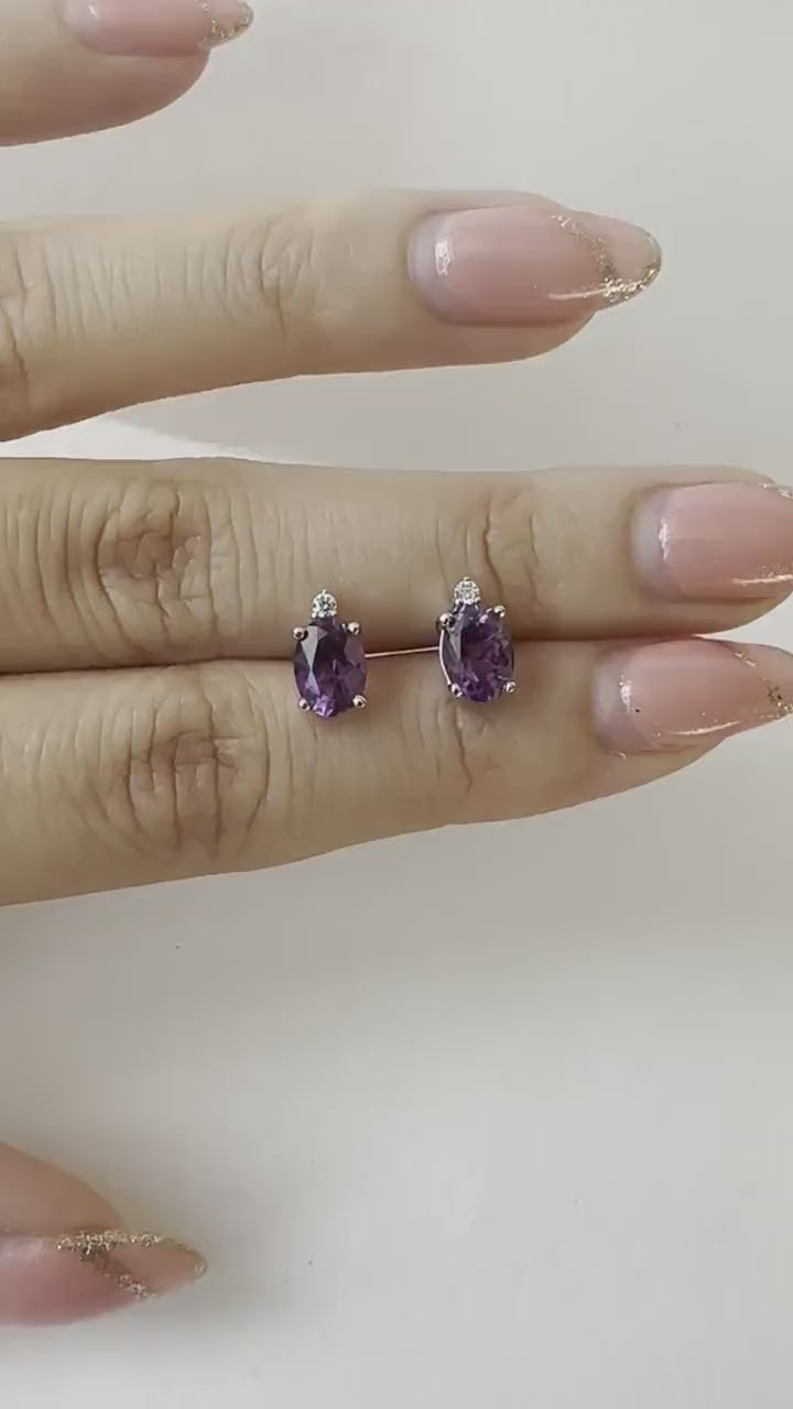 14K Solid Gold Genuine Amethyst and Diamond Studs/Pair