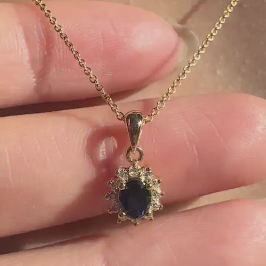 14K Solid Gold Sapphire and Diamond Halo Pendant