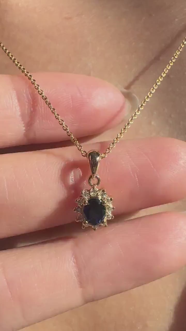 14K Solid Gold Sapphire and Diamond Halo Pendant
