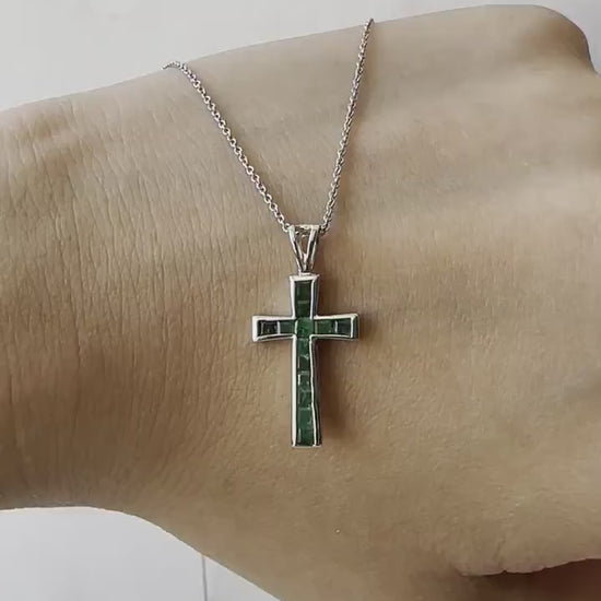 14K Solid Gold Genuine Emerald Cross Pendant (pendant only)