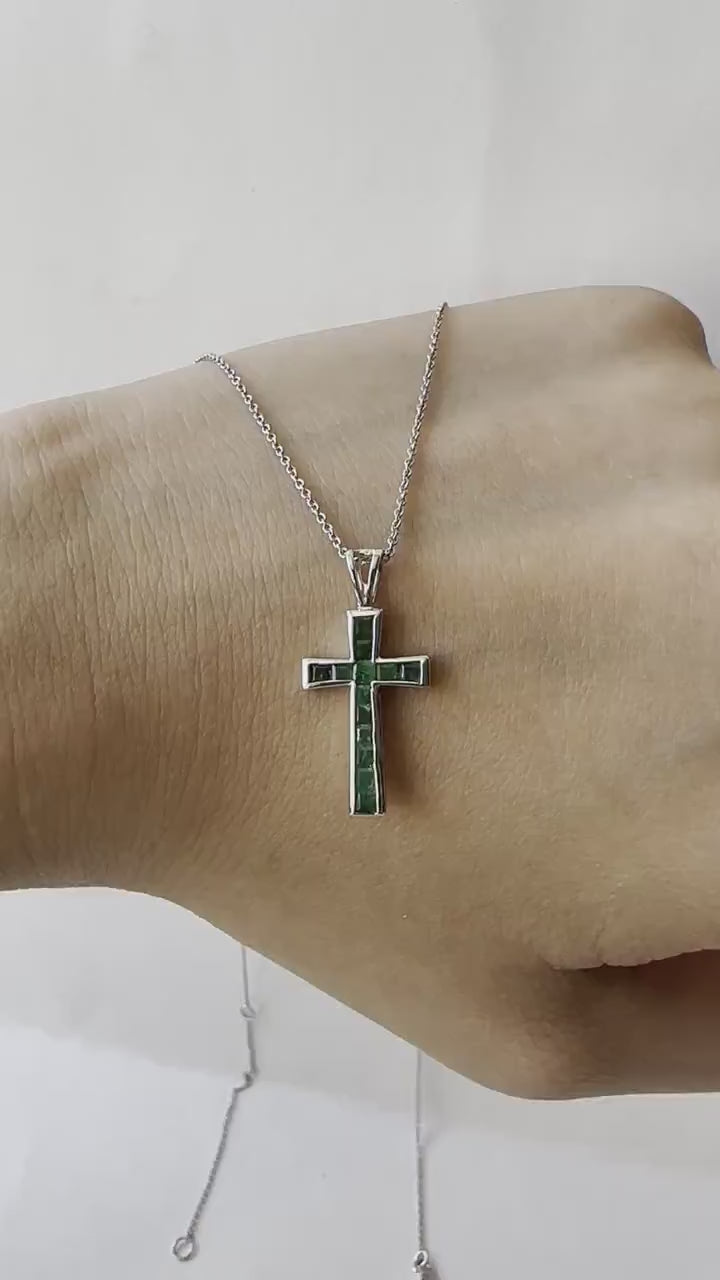 14K Solid Gold Genuine Emerald Cross Pendant (pendant only)