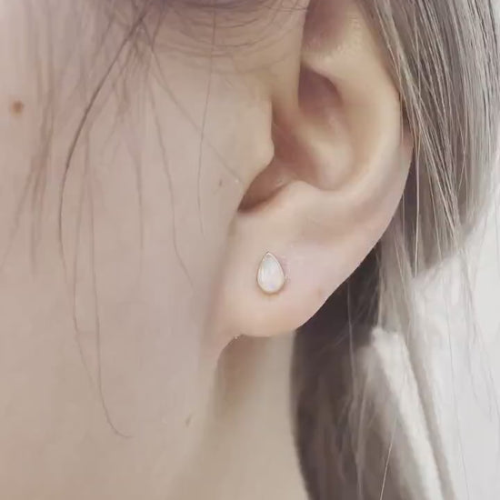 14K Solid Gold Genuine Pear-Shaped Opal Studs/Satin Finish/Pair