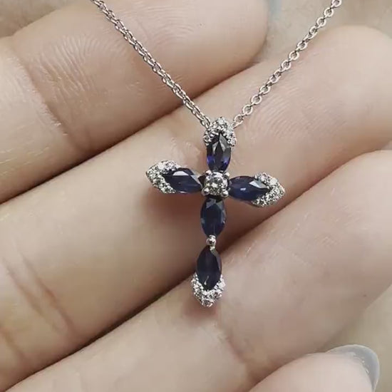 14K Solid White Gold Genuine Sapphire and Diamond Cross Pendant