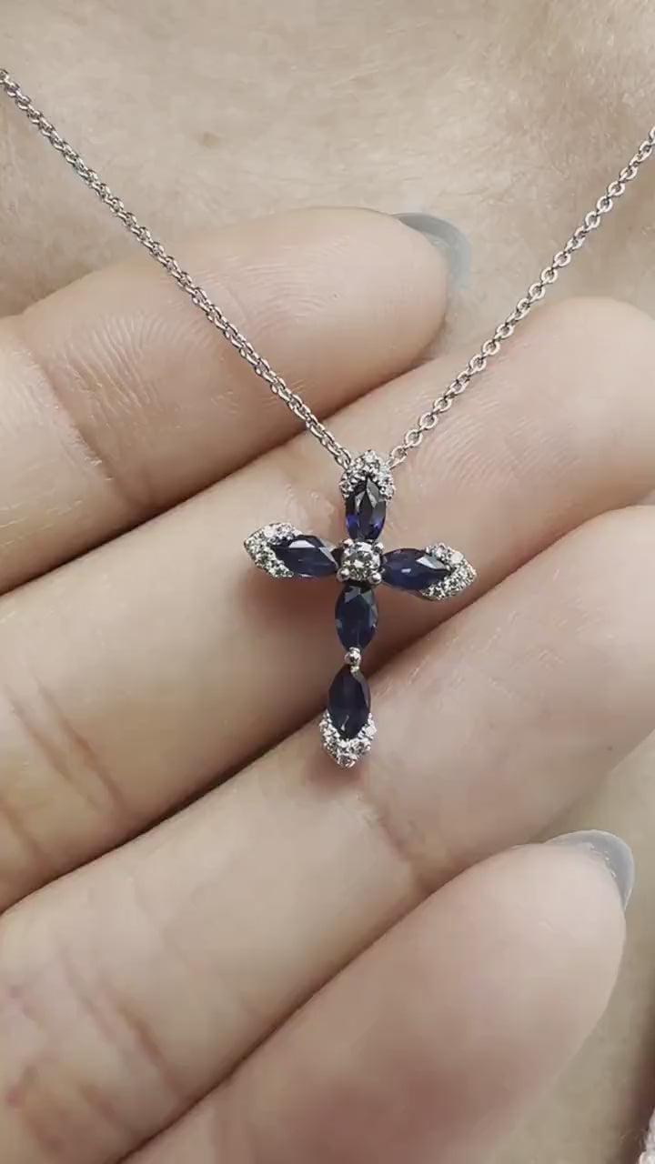 14K Solid White Gold Genuine Sapphire and Diamond Cross Pendant