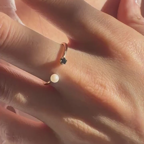 18K Solid Rose Gold Genuine Sapphire and Pearl Open Ring