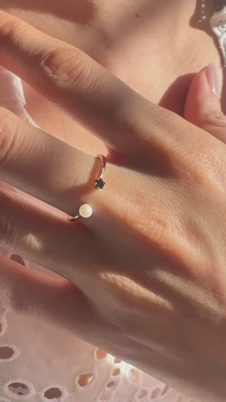 18K Solid Rose Gold Genuine Sapphire and Pearl Open Ring