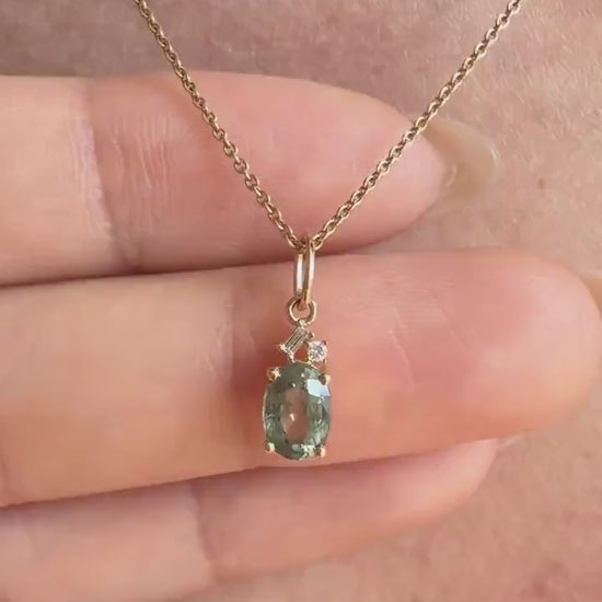14K Solid Gold Diamond and Oval Green Sapphire Pendant