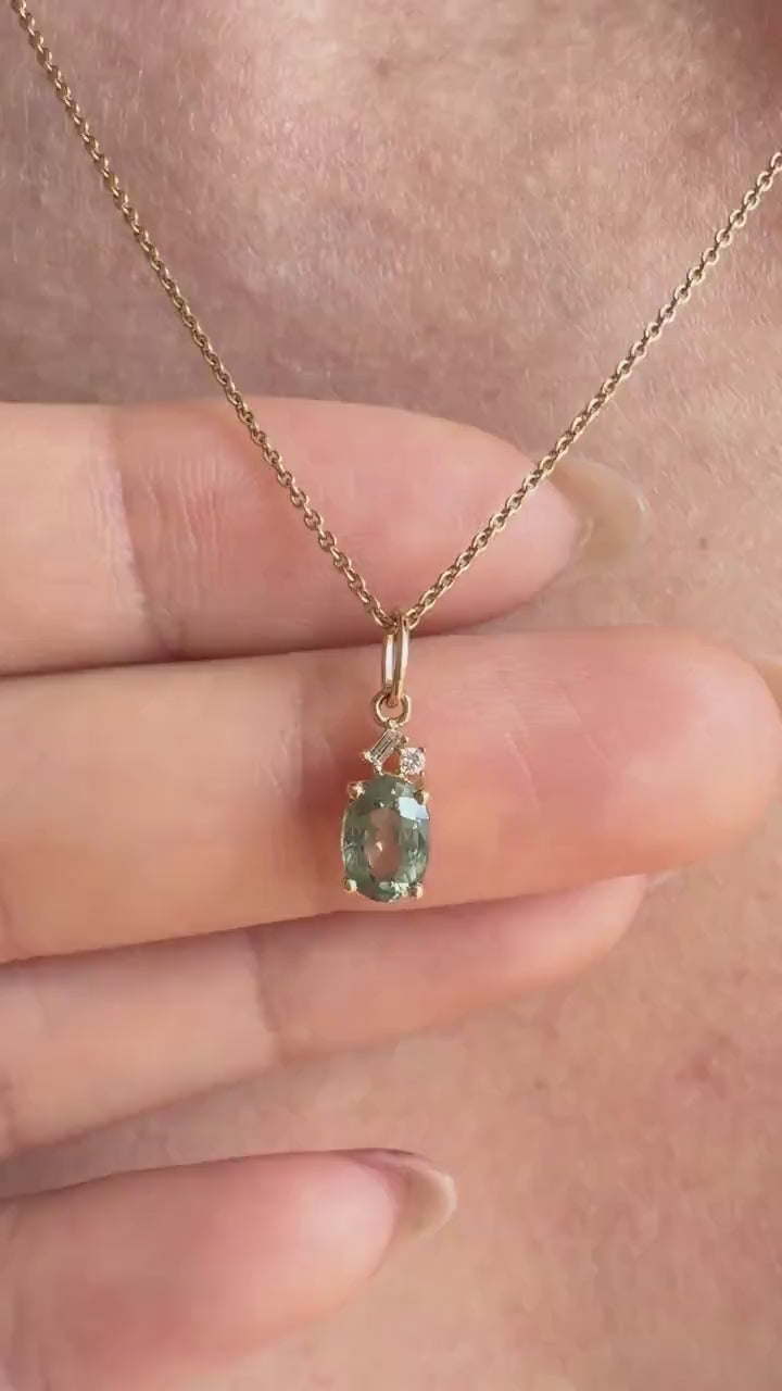 14K Solid Gold Diamond and Oval Green Sapphire Pendant