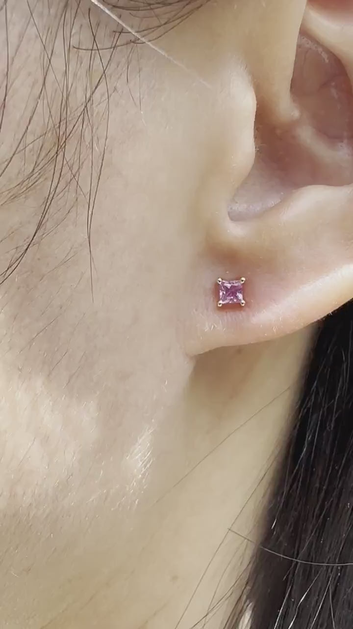 14K Solid Gold Natural Pink Sapphire Stud Earrings | Genuine Pink Sapphire Earrings | 3mm Dainty Studs | September Birthstone