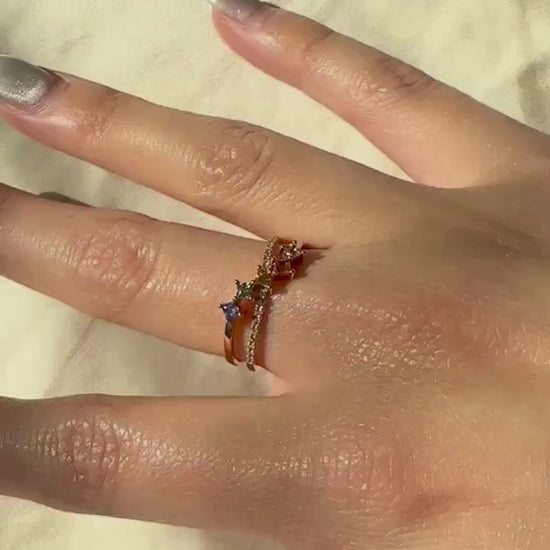 18K Solid Rose Gold Genuine Color Sapphire and Diamond Crossover Ring