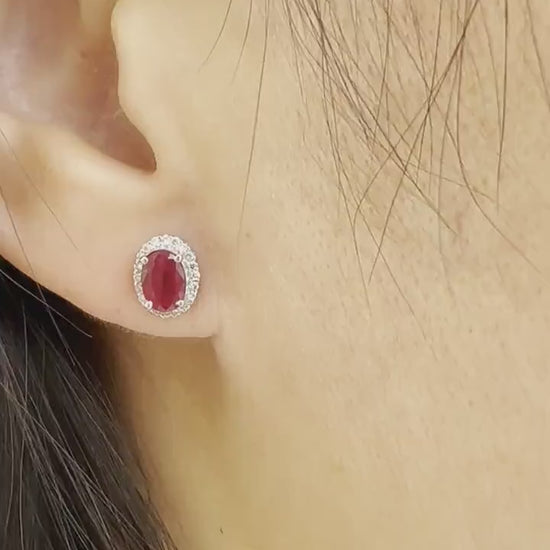 14K Solid White Gold 1.36 Carat Natural Ruby Diamond Halo Stud Earrings | Genuine Earth Mined Ruby | Fine Jewelry | July Birthstone Gift