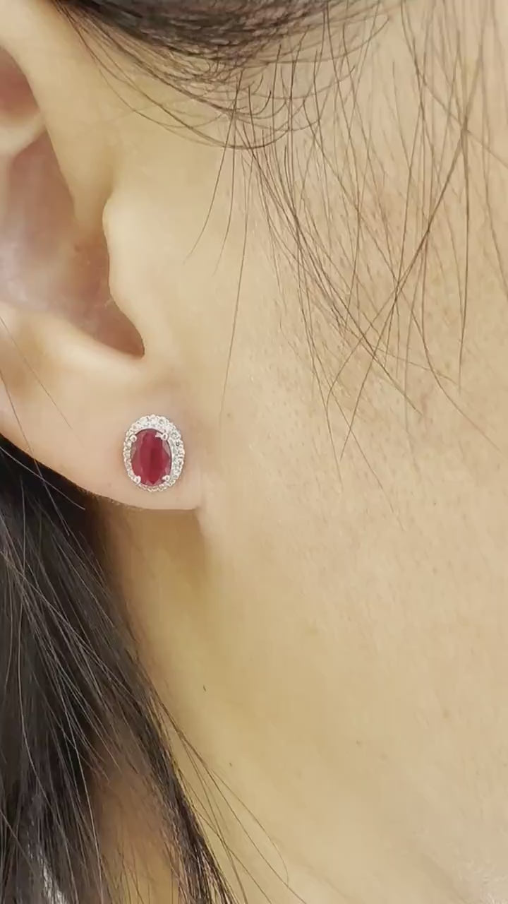 14K Solid White Gold 1.36 Carat Natural Ruby Diamond Halo Stud Earrings | Genuine Earth Mined Ruby | Fine Jewelry | July Birthstone Gift