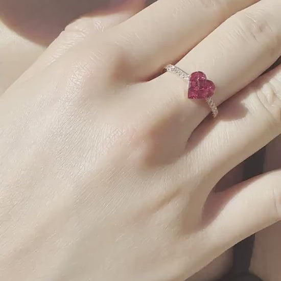 18K Solid Gold Genuine Ruby and Diamond Invisible Setting Heart Ring