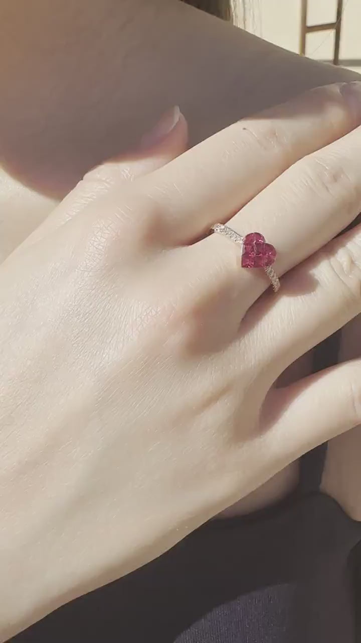 18K Solid Gold Genuine Ruby and Diamond Invisible Setting Heart Ring