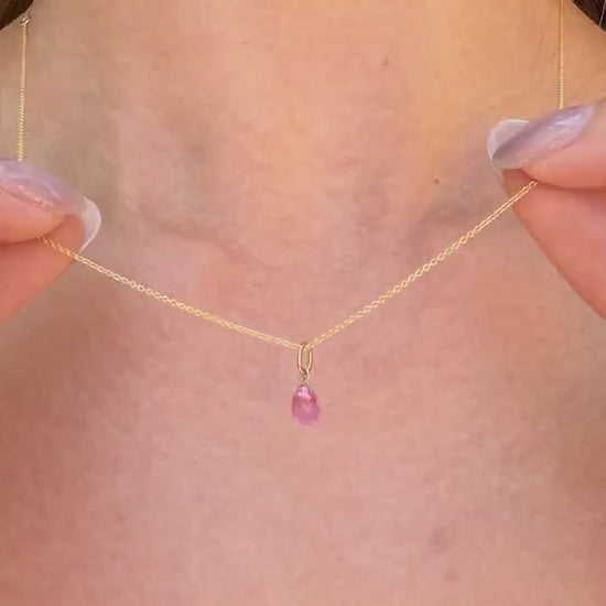 14K Solid Gold Pink Sapphire Necklace | Natural Pink Sapphire Pendant | September Birthstone Necklace | Briolette Cut Pendant