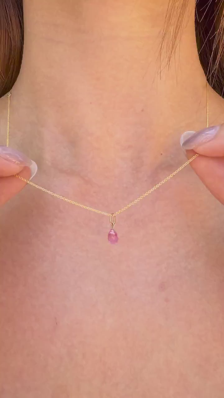 14K Solid Gold Pink Sapphire Necklace | Natural Pink Sapphire Pendant | September Birthstone Necklace | Briolette Cut Pendant