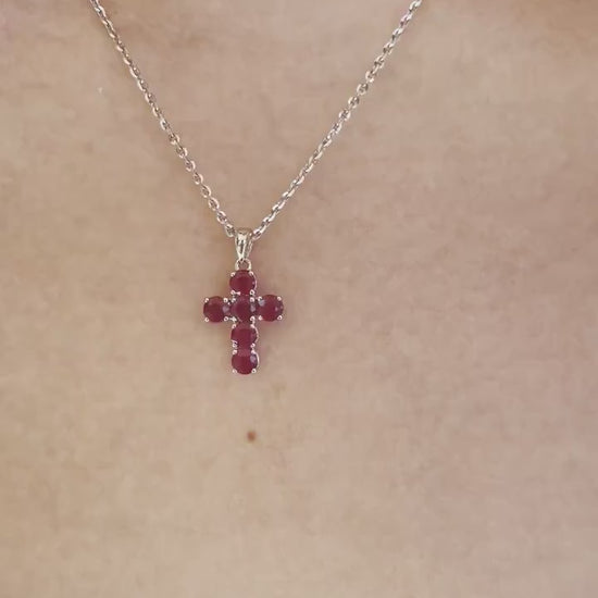 14K Solid Gold Genuine Round Ruby Cross Pendant