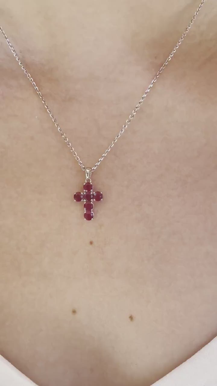 14K Solid Gold Genuine Round Ruby Cross Pendant