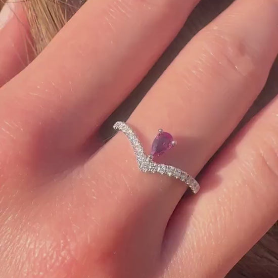 14K Solid White Gold Genuine Teardrop Ruby and Diamond Wishbone Ring