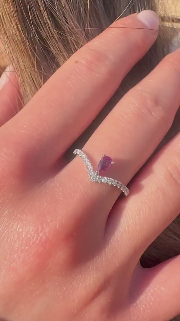 14K Solid White Gold Genuine Teardrop Ruby and Diamond Wishbone Ring