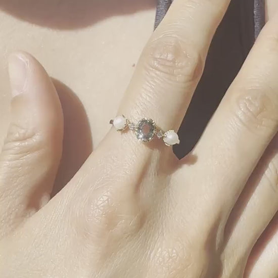 18K Solid White Gold Genuine Green Sapphire and Akoya Pearl Ring