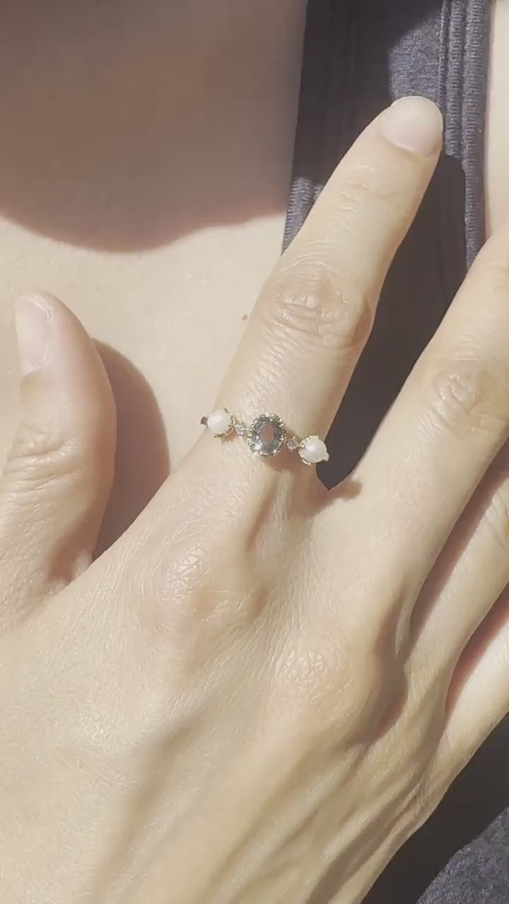 18K Solid White Gold Genuine Green Sapphire and Akoya Pearl Ring