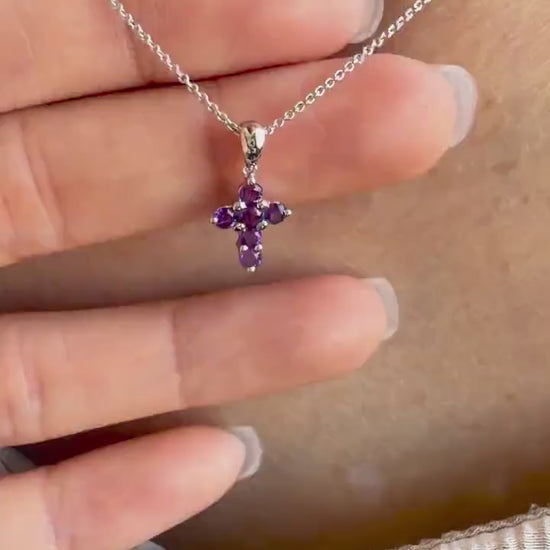 Natural Amethyst Cross Necklace, 14K Gold, Genuine Purple Gemstone Cross Pendant, February Birthstone Gift