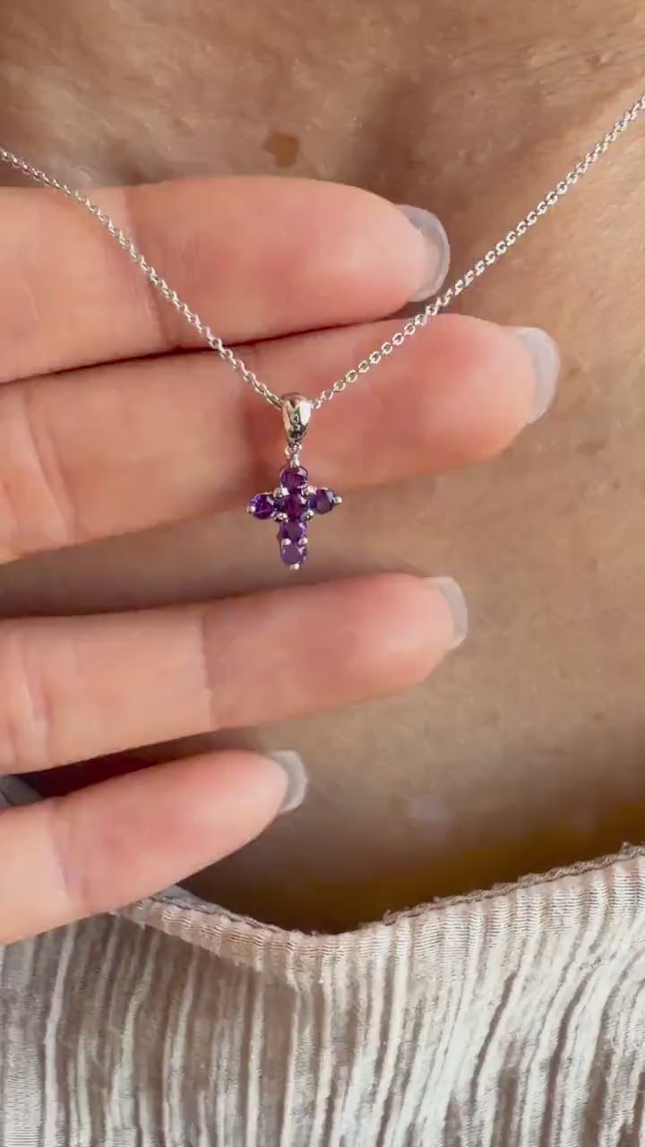 Natural Amethyst Cross Necklace, 14K Gold, Genuine Purple Gemstone Cross Pendant, February Birthstone Gift