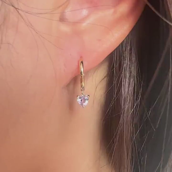 14K Solid Gold Genuine Lavender/Purple Sapphire Heart Huggies/Hoops/Pair