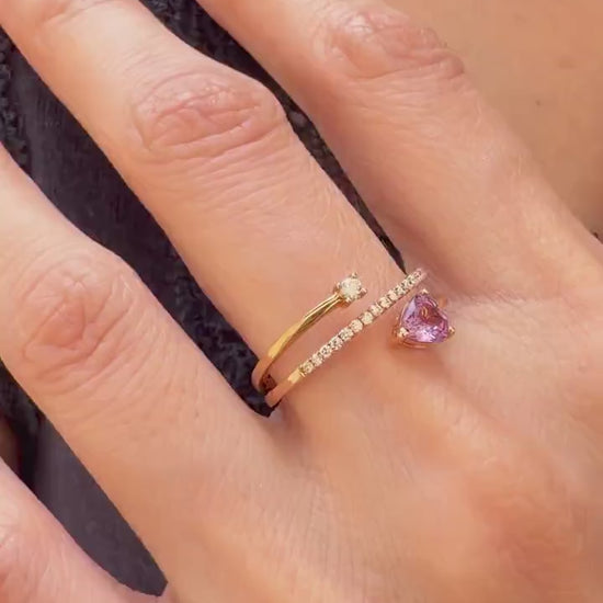 Natural Lavender Sapphire Heart Ring, 18K Rose Gold Open Bypass Ring, Genuine Diamond, September Birthstone Gift