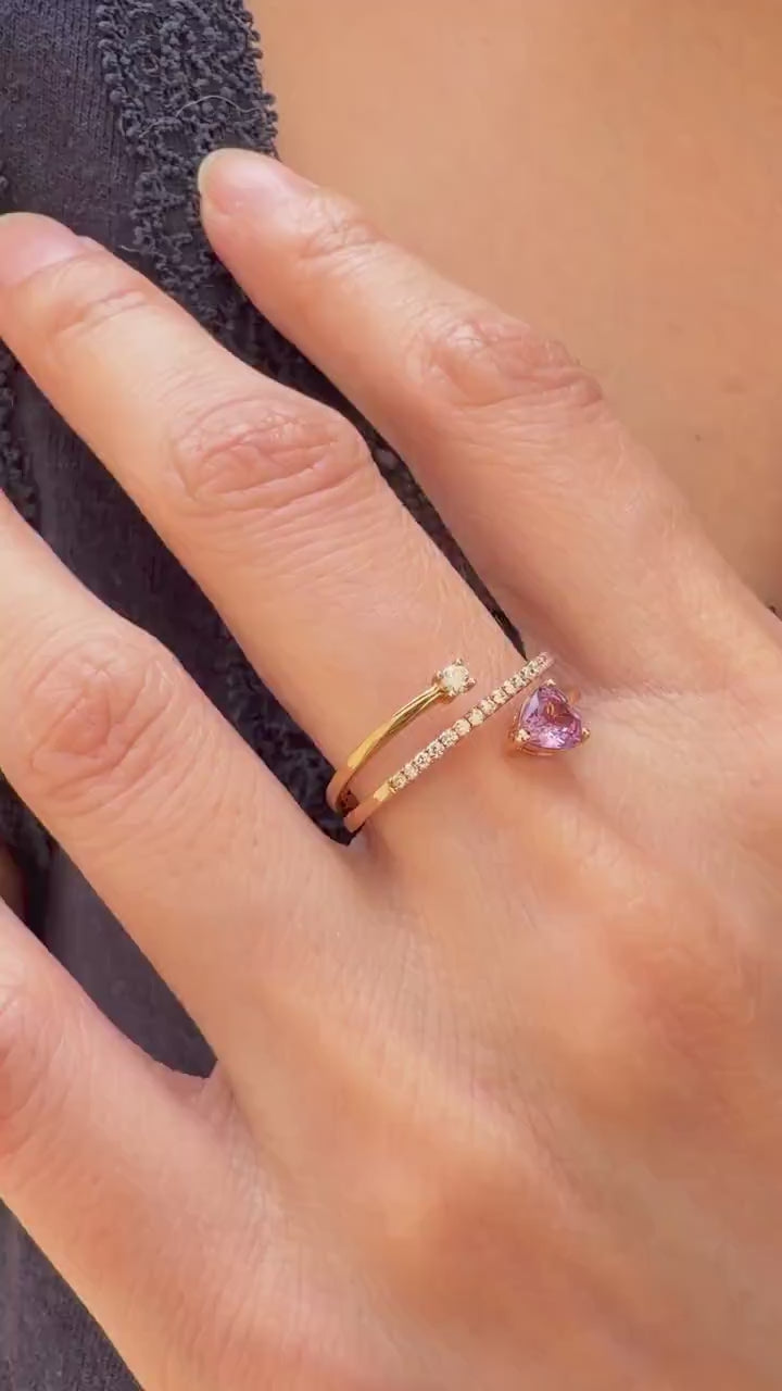 Natural Lavender Sapphire Heart Ring, 18K Rose Gold Open Bypass Ring, Genuine Diamond, September Birthstone Gift