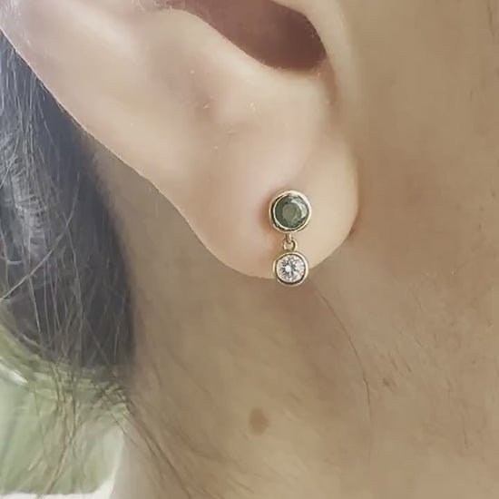 14K Solid Gold Diamond and Emerald Bezel Dangle Earrings/Pair