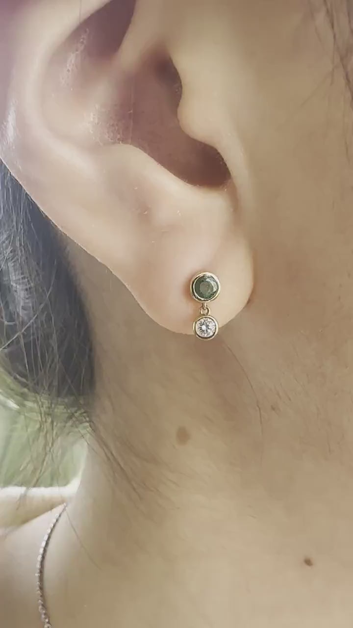 14K Solid Gold Diamond and Emerald Bezel Dangle Earrings/Pair