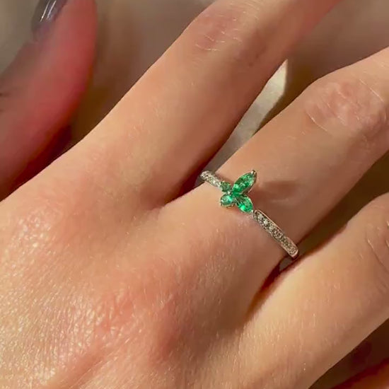 18K Solid White Gold Genuine Emerald and Diamond Butterfly Ring