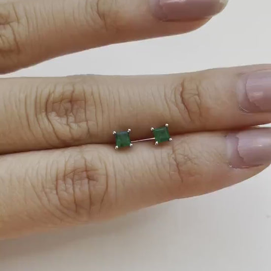 14K Solid Gold Genuine Emerald Square Studs