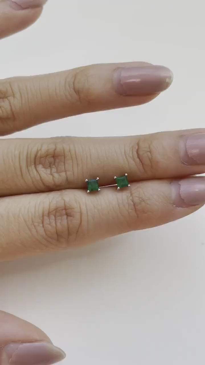 14K Solid Gold Genuine Emerald Square Studs