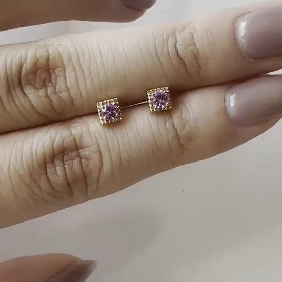 14K Solid Gold Genuine Pink Sapphire Square Studs/Pair