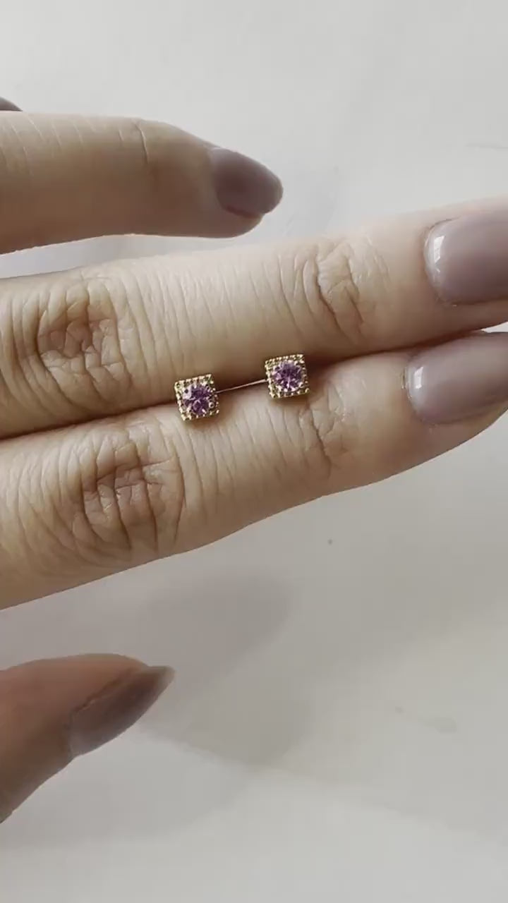14K Solid Gold Genuine Pink Sapphire Square Studs/Pair