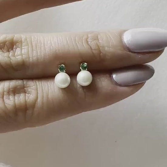 14K Solid Gold Genuine Akoya Pearl and Emerald Studs/Pair