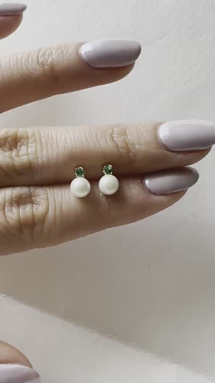 14K Solid Gold Genuine Akoya Pearl and Emerald Studs/Pair