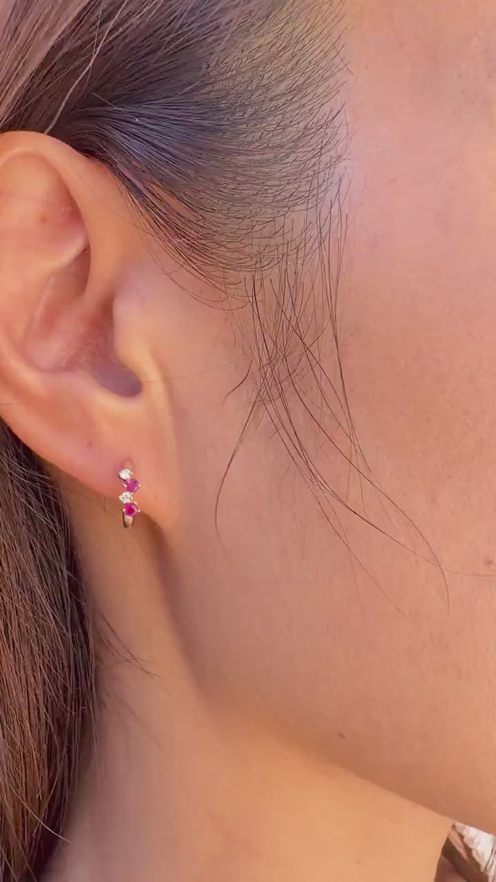 Ruby Diamond Huggie Hoops, 14K Solid Gold Genuine Ruby Earrings, White or Yellow Gold, July Birthstone Gift for Her