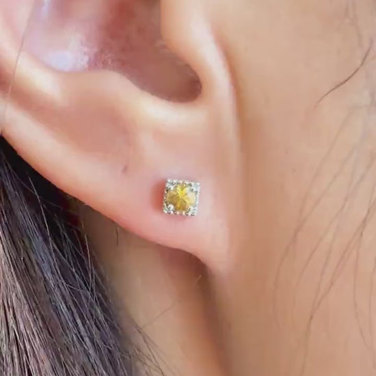 18K Solid Gold Yellow Sapphire Stud Earrings | Genuine Sapphire Earrings | September Birthstone | 4mm Square Studs | Fine Jewelry Gift